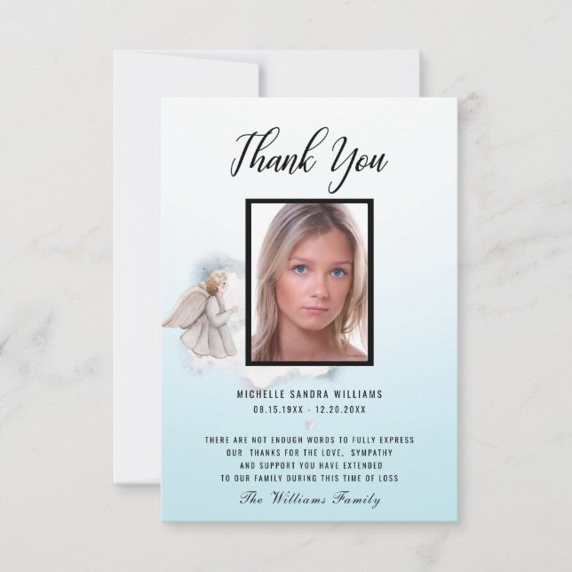 Blue Watercolor Angel Memorial Photo Card (Front)