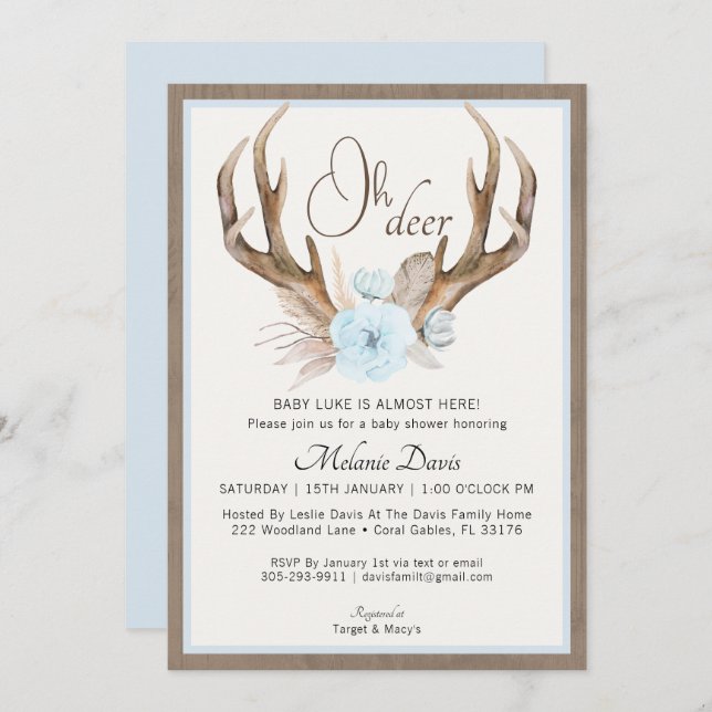 Blue Watercolor Antler Baby Shower Invitation – Ru (Front/Back)