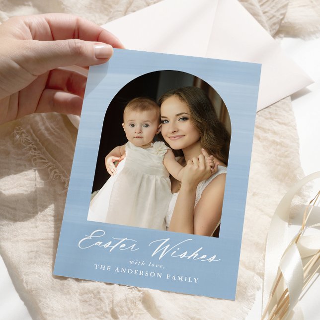 Blue Watercolor Arch 2 Photo Easter Wishes Holiday Card (Creator Uploaded)