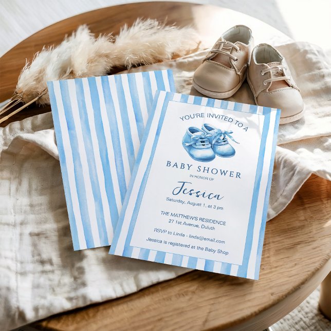 Blue Watercolor Baby Bootie Baby Shower Invitation (Creator Uploaded)
