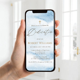 Blue Watercolor Baby Boy Dedication Mobile Invite