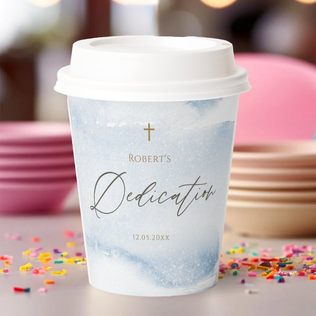 Blue Watercolor Baby Boy Dedication Paper Cups (Dusty Blue Watercolor Baby Boy Dedication Paper Cups)