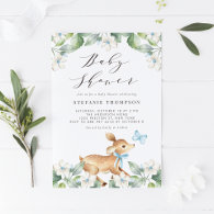 Blue Watercolor Baby Deer Woodland Baby Shower Invitation