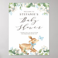 Blue Watercolor Baby Deer Woodland Baby Shower Poster