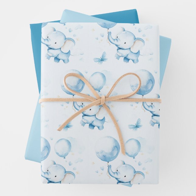 Blue Watercolor Baby Elephant Wrapping Paper  (In situ)