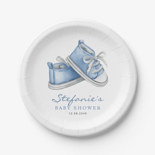 Blue Watercolor Baby Shoes Its a Boy Baby Shower Paper Plates