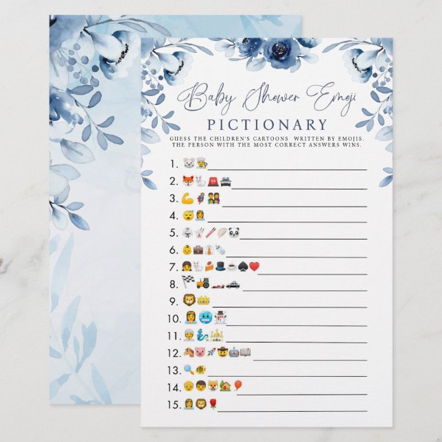 Blue Watercolor Baby Shower Emoji Game  (Front/Back)