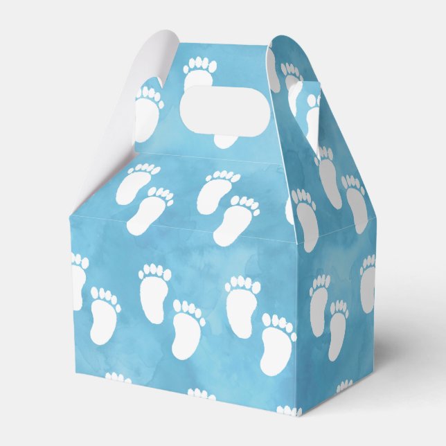 Blue Watercolor Baby Shower Footprint Pattern Favor Boxes (Front Side)