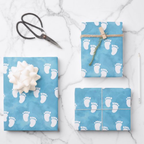 Blue Watercolor Baby Shower Footprint Pattern Wrapping Paper Sheets