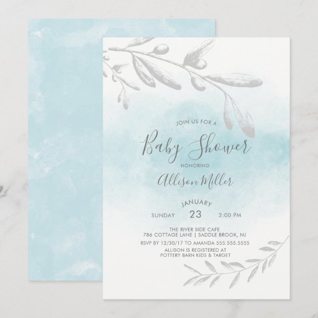 Blue Watercolor Baby Shower Invitation (Front/Back)