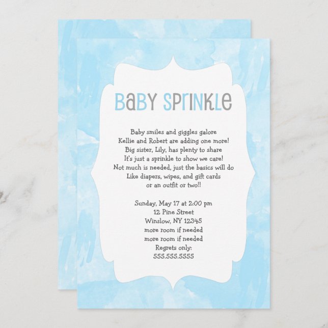 Blue Watercolor Baby Sprinkle / boy baby shower Invitation (Front/Back)