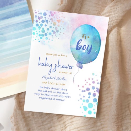 Blue Watercolor Balloon Baby Boy Shower Invitation