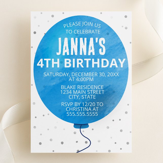 Blue Watercolor Balloon Birthday Party Invitation (Creator Uploaded)