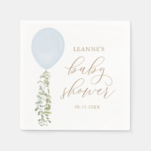 Blue Watercolor Balloon Eucalyptus Baby Shower Napkins