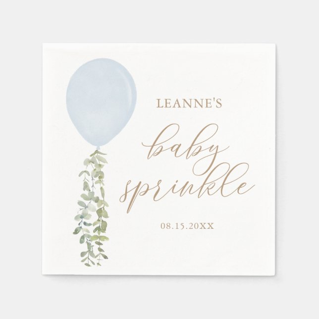 Blue Watercolor Balloon Eucalyptus Baby Sprinkle Napkins (Front)