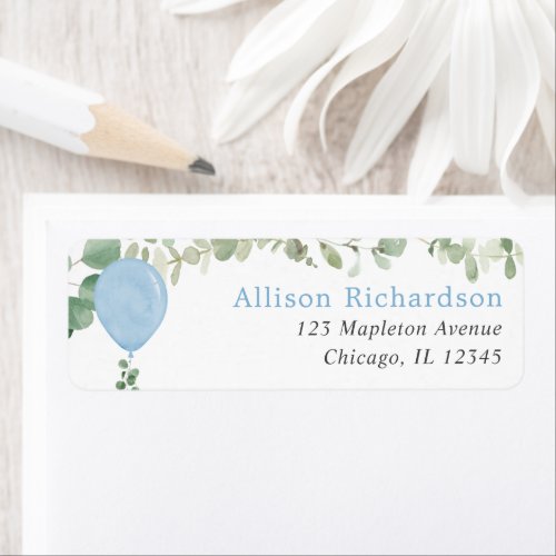 Blue watercolor balloon eucalyptus greenery label