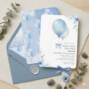 Blue Watercolor Balloon Floral Boy Baby Shower Invitation