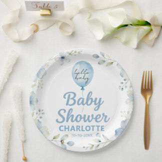 Blue Watercolor Balloon Floral Boy Baby Shower  Paper Plates