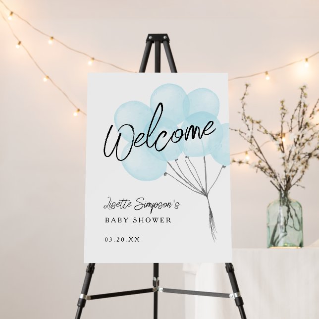 Blue Watercolor Balloons Baby Shower Welcome Sign (In Situ (Stand))