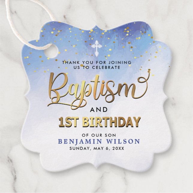 Blue Watercolor Baptism & First Birthday Thank You Favor Tags (Front)