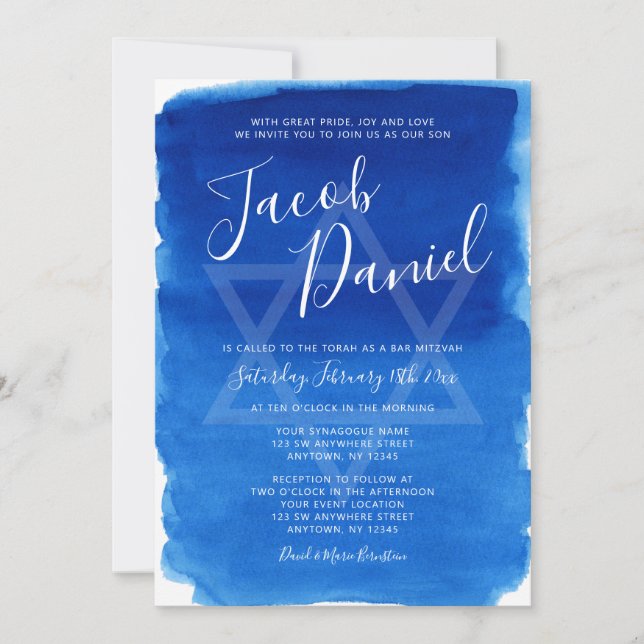 Blue Watercolor Bar Mitzvah Invitation (Front)