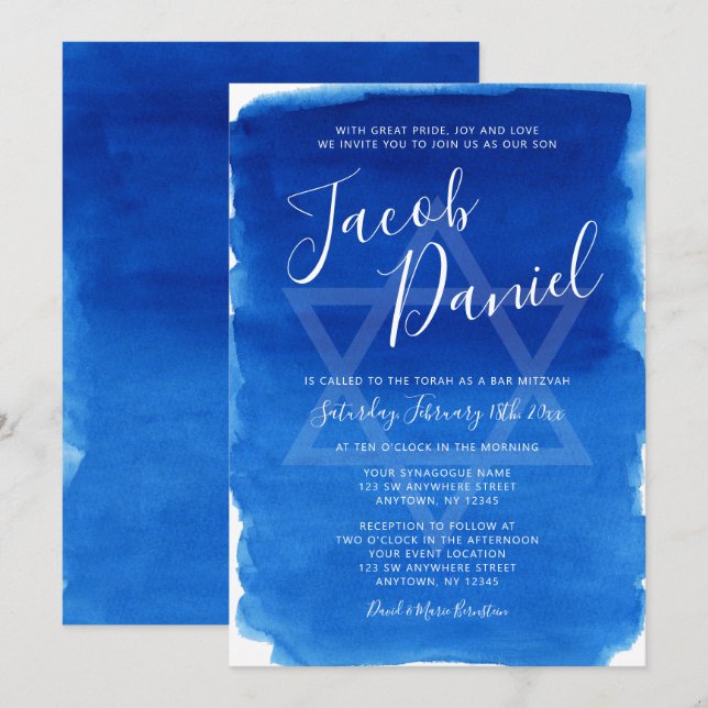 Blue Watercolor Bar Mitzvah Invitation (Front/Back)