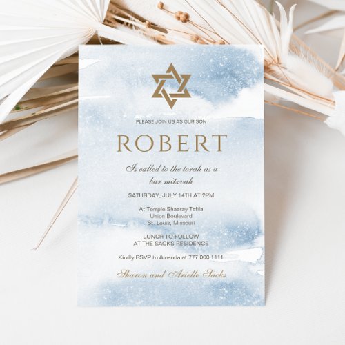 Blue Watercolor Bar Mitzvah Invitation | Gold Star