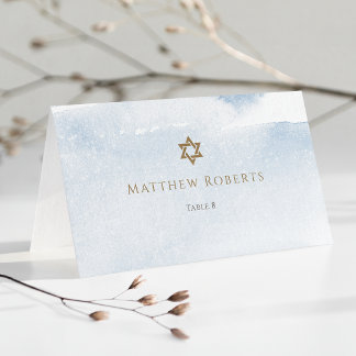 Blue Watercolor Bar Mitzvah Place Card