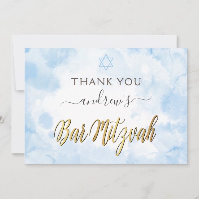 Blue Watercolor Bar Mitzvah Thank You Card (Front)