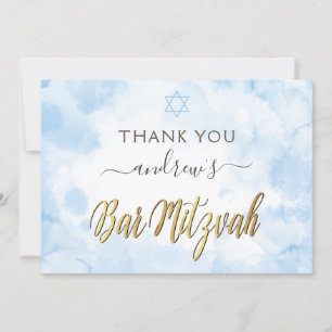 Blue Watercolor Bar Mitzvah Thank You Card