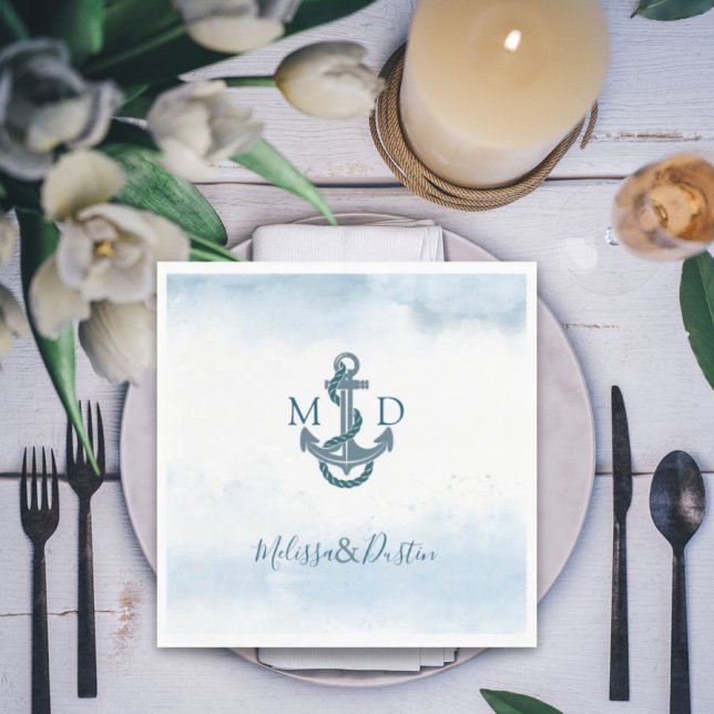 Blue Watercolor Beach Anchor Nautical Wedding  Napkins (Blue Watercolor Beach Anchor Nautical Wedding Napkins)