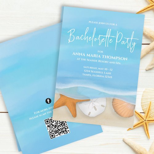 Blue Watercolor Beach Bachelorette Party QR Code  Invitation