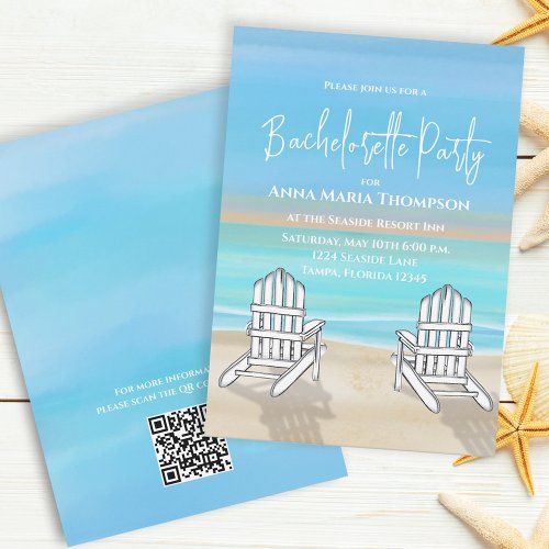 Blue Watercolor Beach Bachelorette Party QR Code Invitation