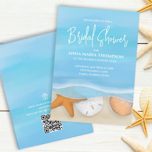 Blue Watercolor Beach Bridal Shower Gift Registry Invitation (Creator Uploaded)