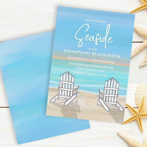 Blue Watercolor Beach Coastal Nautical Whimsical Invitation