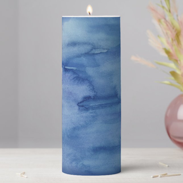 Blue Watercolor Beach Design Pillar Candle (In Situ)