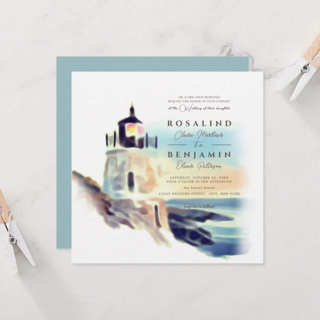 Blue Watercolor Beach Lighthouse Landscape Wedding Invitation (Front/Back In Situ)