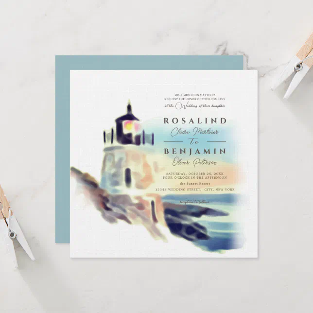 Blue Watercolor Beach Lighthouse Landscape Wedding Invitation | Zazzle