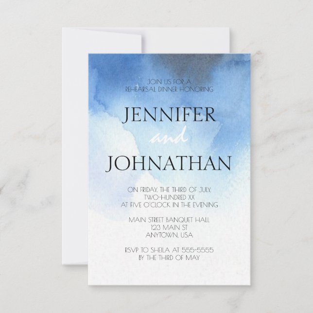 Blue watercolor beach rehearsal dinner invitations (Front)