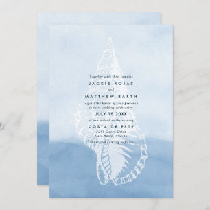 Blue Watercolor Beach Seashell Wedding Invitation
