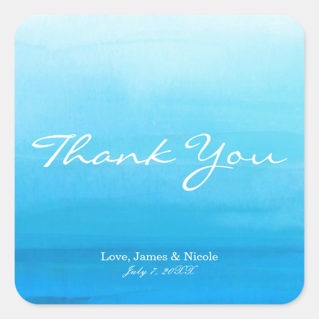 Blue Watercolor Beach Tropical Wedding Favor Square Sticker (Front)