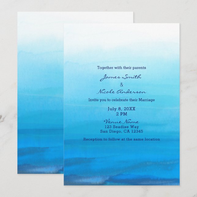 Blue Watercolor Beach Tropical Wedding Invitations (Front/Back)