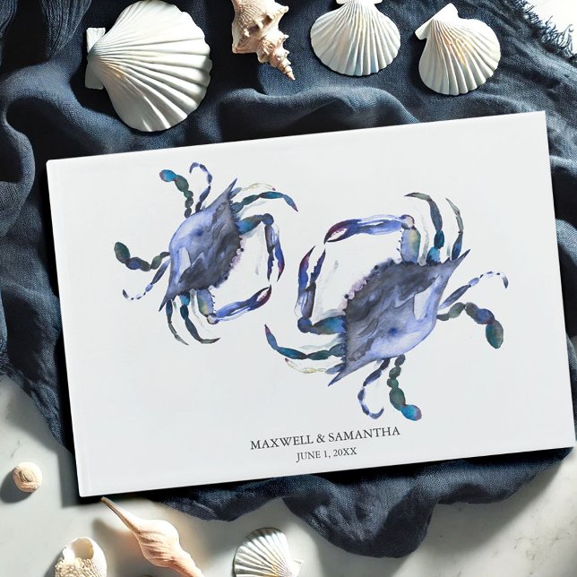 Blue Watercolor Beach Wedding Guest Book (beach wedding guest book watercolor crabs by Victoria Grigaliunas Do Tell A Belle)