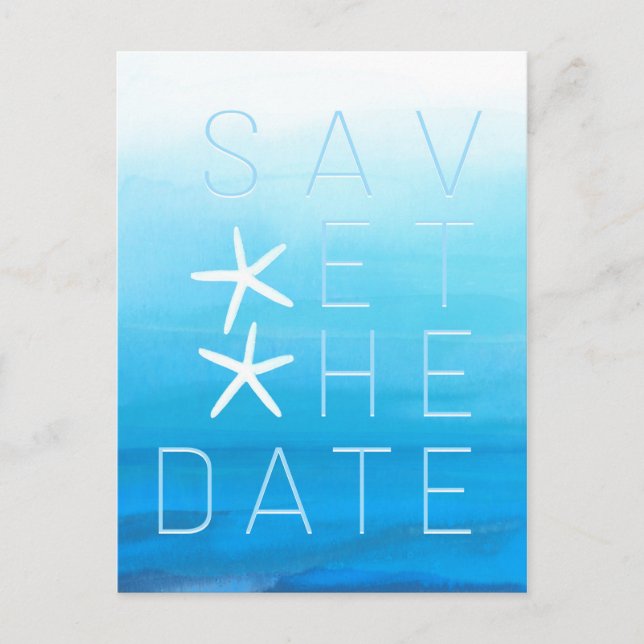 Blue Watercolor Beach Wedding Save the Date Announcement Postcard (Front)