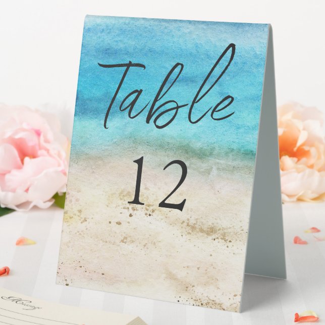 Blue Watercolor Beach Wedding Table Tent (In SItu (Wedding))