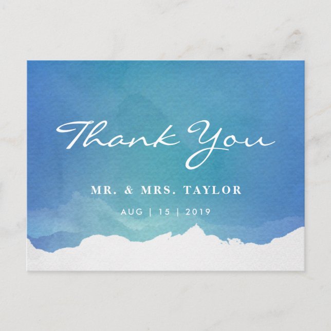 Blue Watercolor Beach Wedding Thank You Postcard (Front)