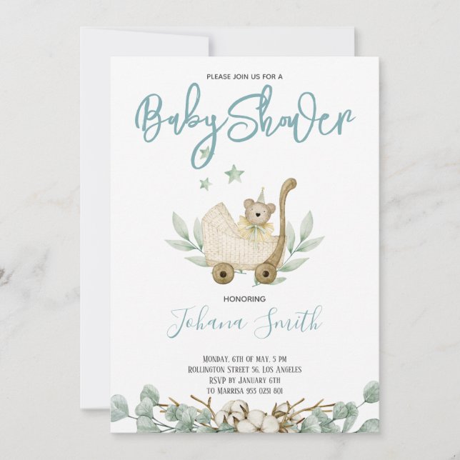 Blue Watercolor Bear Baby Shower Invitation (Front)