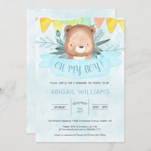Blue Watercolor Bear Boy Baby Shower Invitation