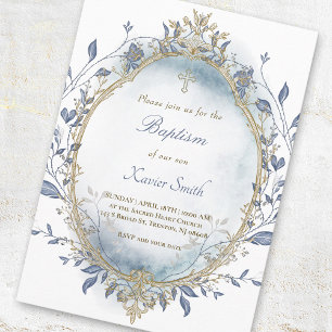 blue watercolor beige frame Baptism baby boy Invitation