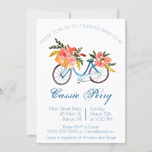 Blue Watercolor Bicycle Floral Bridal Shower Invit Invitation